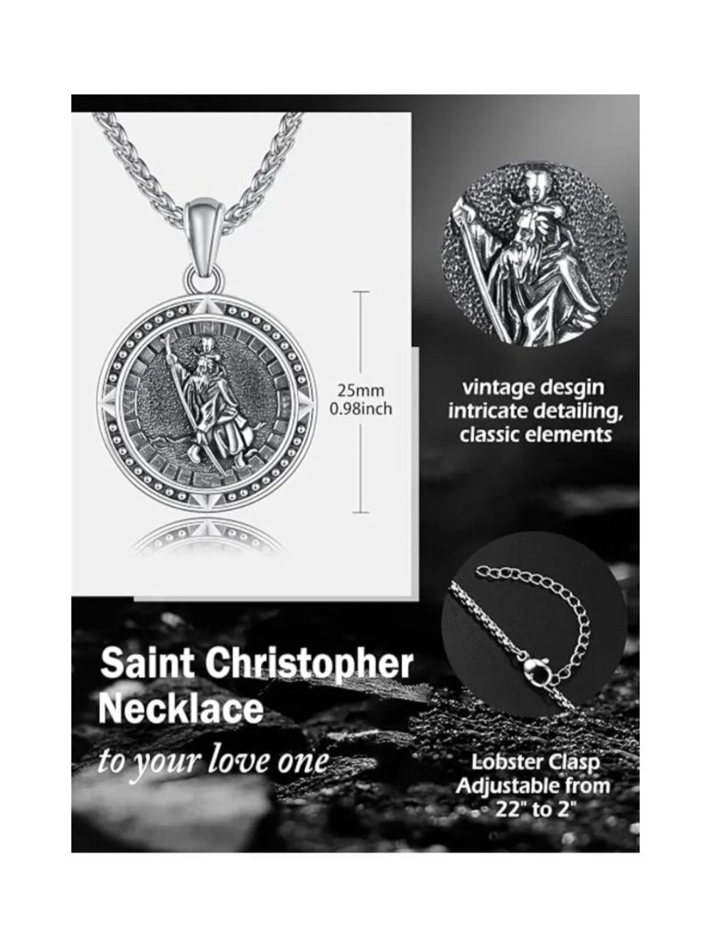 925 Sterling Silver St. Christopher Medal Necklace Stainless Steel Chain